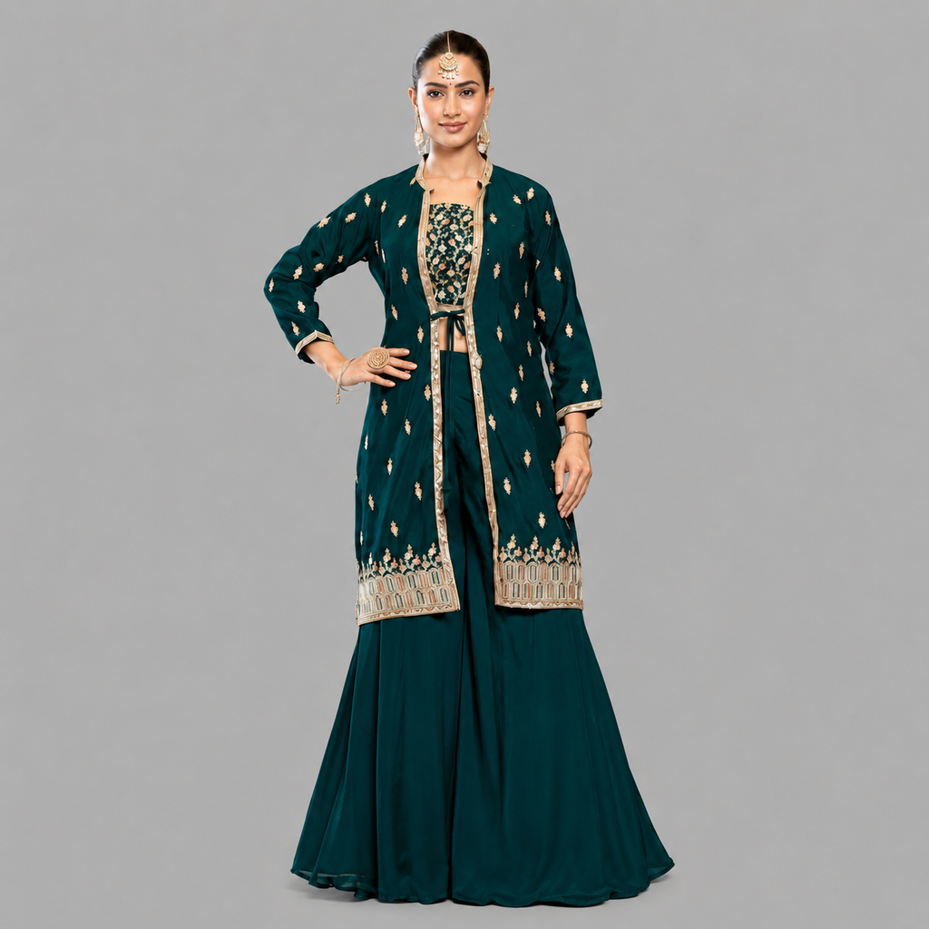 Women's Embroidered 3-Piece Ethnic Co-Ord Set with Jacket, Crop Top &amp; Palazzo