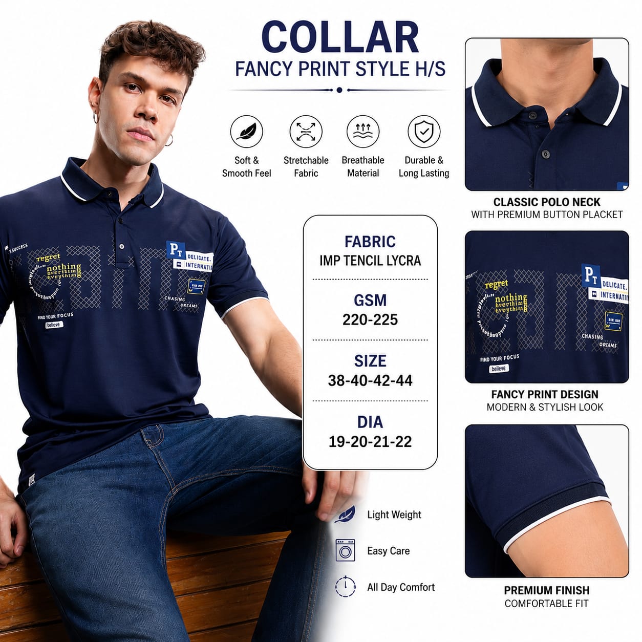 Men's Printed Polo T-Shirt | Fancy Print Half Sleeve | Imported Tencel Lycra Fabric | Soft Stretch Casual Wear | Navy Blue