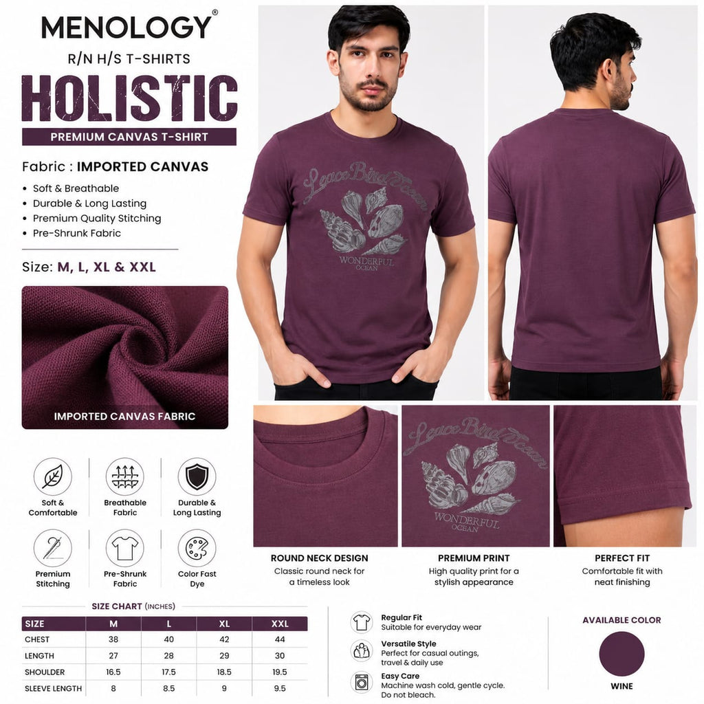 MENOLOGY Men's Round Neck Half Sleeve Graphic Printed T-Shirt | Holistic Collection | Imported Canvas Fabric | Regular Fit | Wine