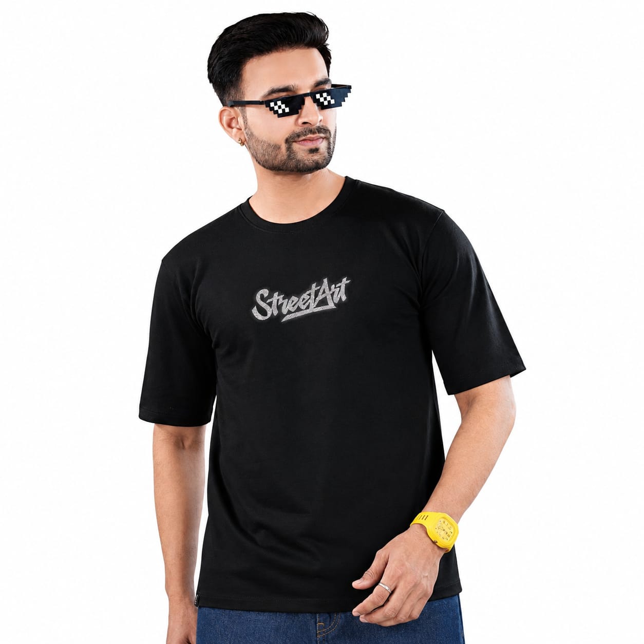 GRIEZ.MAN Men's Oversized Drop Shoulder T-Shirt | StreetArt Graphic Canvas Print | Cotton Looper | Round Neck Half Sleeve | Black