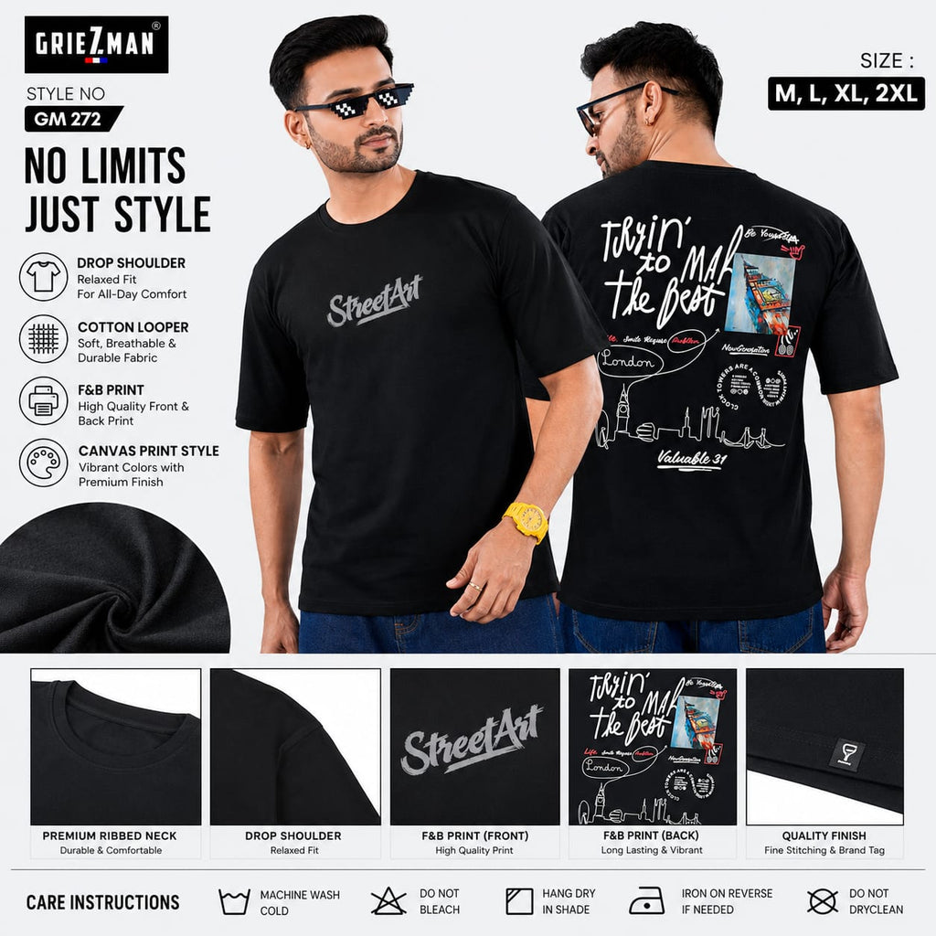 GRIEZ.MAN Men's Oversized Drop Shoulder T-Shirt | StreetArt Graphic Canvas Print | Cotton Looper | Round Neck Half Sleeve | Black