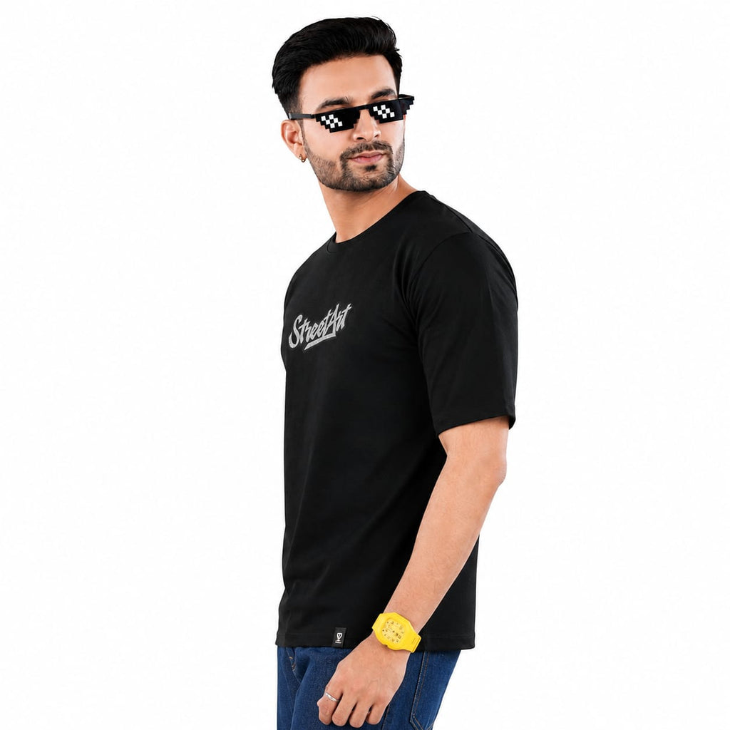 GRIEZ.MAN Men's Oversized Drop Shoulder T-Shirt | StreetArt Graphic Canvas Print | Cotton Looper | Round Neck Half Sleeve | Black