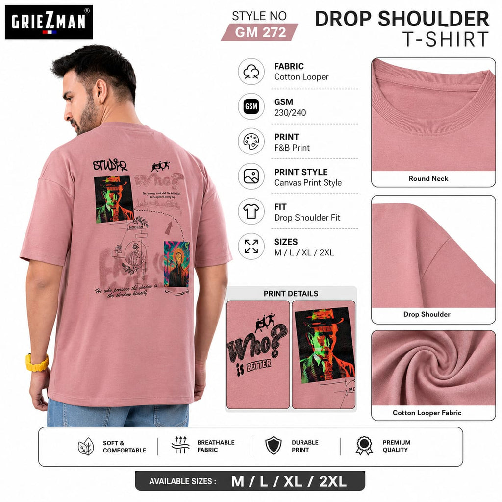 GRIEZ.MAN Men's Oversized Drop Shoulder Graphic Printed T-Shirt | Cotton Looper Fabric | Round Neck Half Sleeve | Canvas Print Style | Casual Streetwear