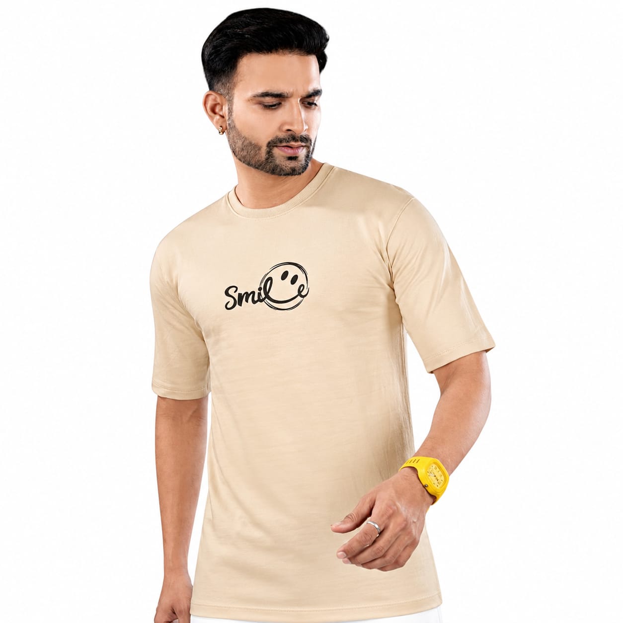 Griezman Men's Oversized Drop Shoulder T-Shirt | Smile Front & Graphic Back Print | Cotton Looper | 230-240 GSM | Half Sleeve Round Neck Casual | streetwear Tee