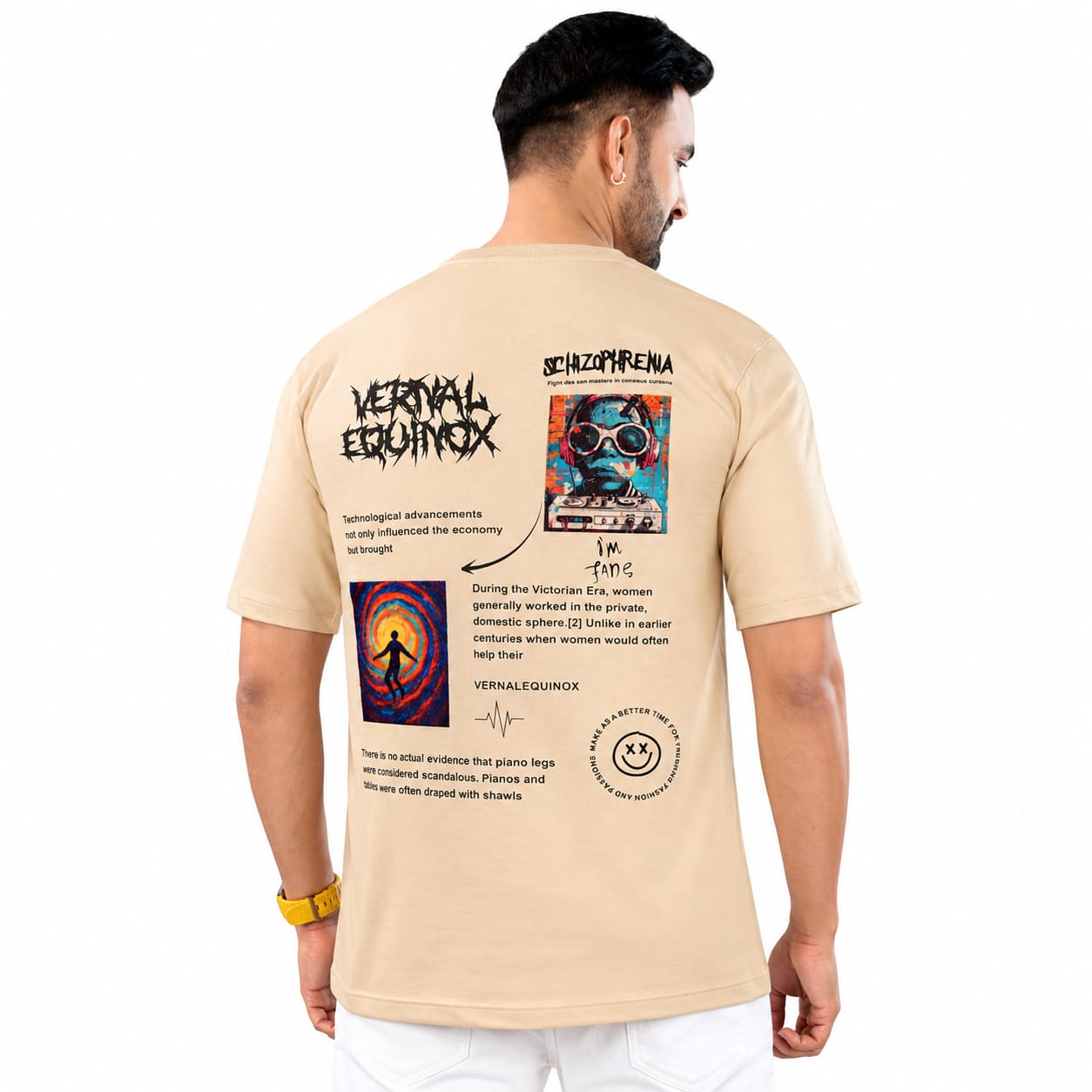 Griezman Men's Oversized Drop Shoulder T-Shirt | Smile Front & Graphic Back Print | Cotton Looper | 230-240 GSM | Half Sleeve Round Neck Casual | streetwear Tee