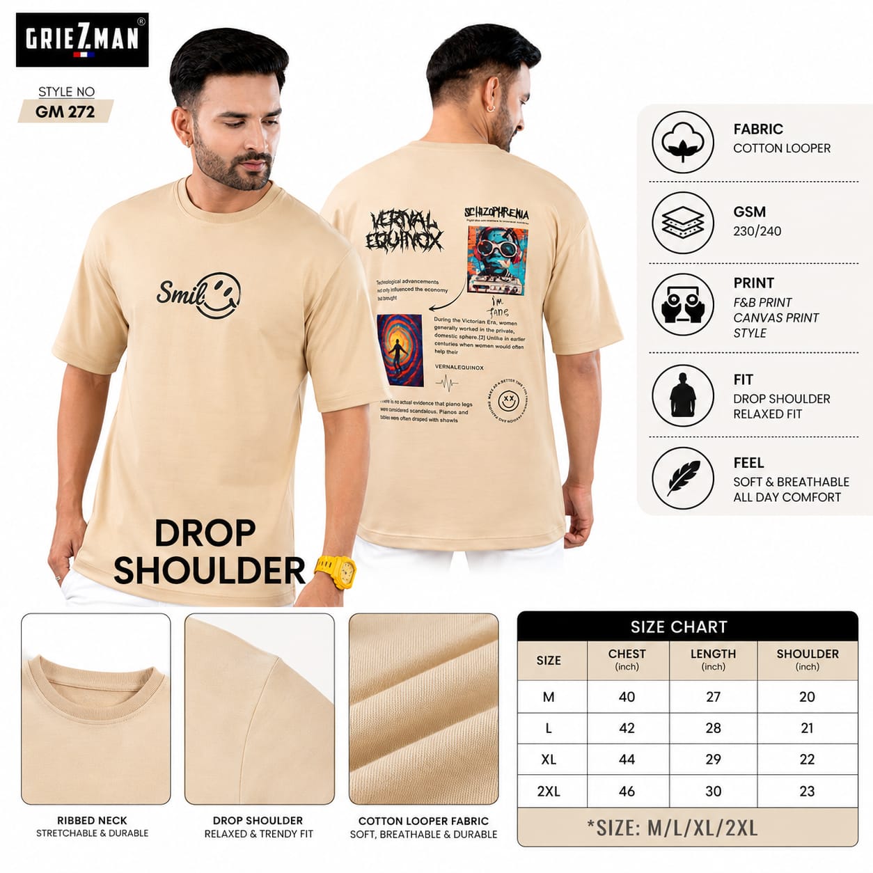 Griezman Men's Oversized Drop Shoulder T-Shirt | Smile Front & Graphic Back Print | Cotton Looper | 230-240 GSM | Half Sleeve Round Neck Casual | streetwear Tee