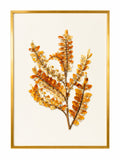This decorative wall art features a golden-hued branch embellished with sequins and iridescent beads, arranged in a framed display