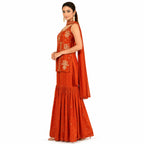 Women's Embroidered Slub Satin Kurta Sharara Set with Dupatta