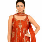 Women's Embroidered Slub Satin Kurta Sharara Set with Dupatta