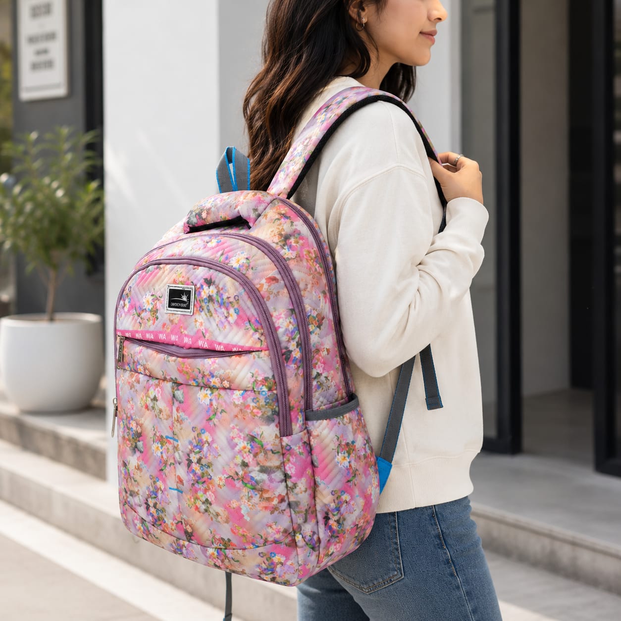 Floral Printed School & College Backpack for Girls & Women | Lightweight Quilted Backpack | Water-Resistant Polyester | Multiple Compartments | Travel, Office & Daily Use
