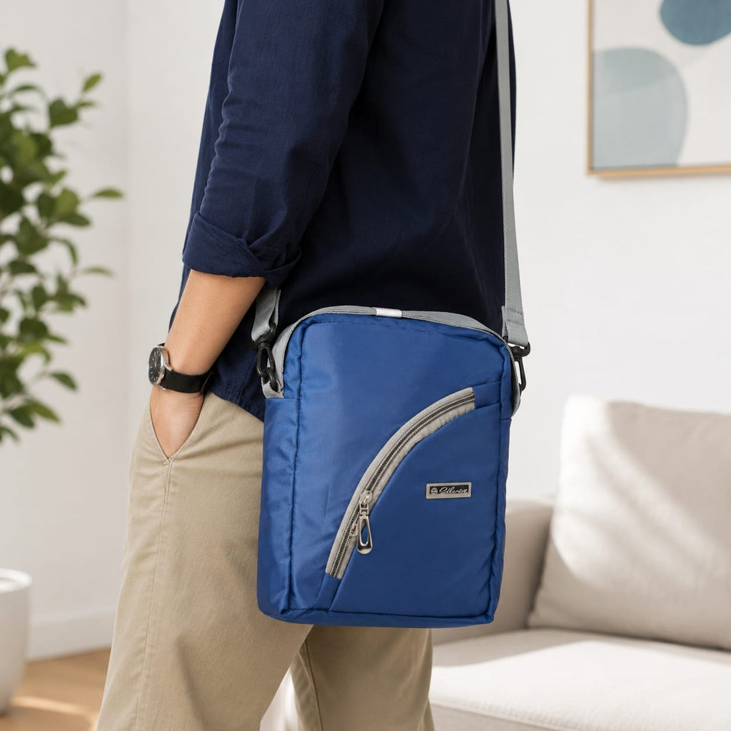 Blue Water-Resistant Sling Bag for Men & Women | Lightweight Crossbody Shoulder Bag | Multiple Zipper Pockets | Adjustable Strap | Daily Travel Office Casual Bag