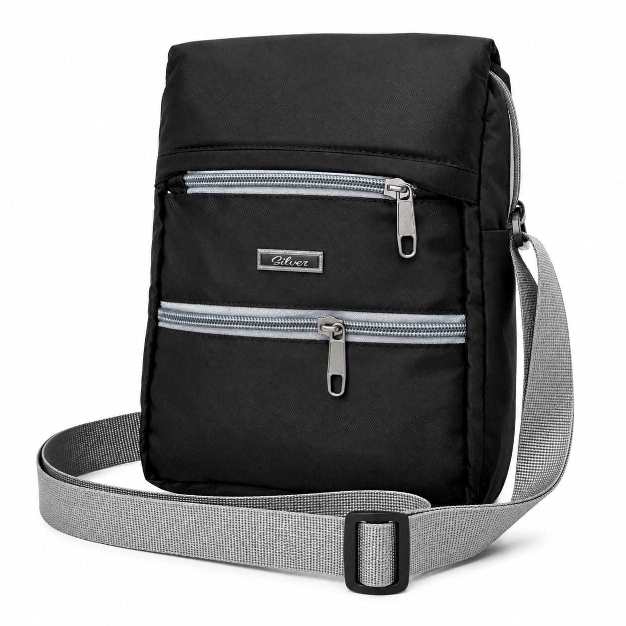 Silver Unisex Crossbody Sling Bag | Lightweight Water-Resistant Messenger Bag | Multiple Zip Compartments | Adjustable Shoulder Strap | Black