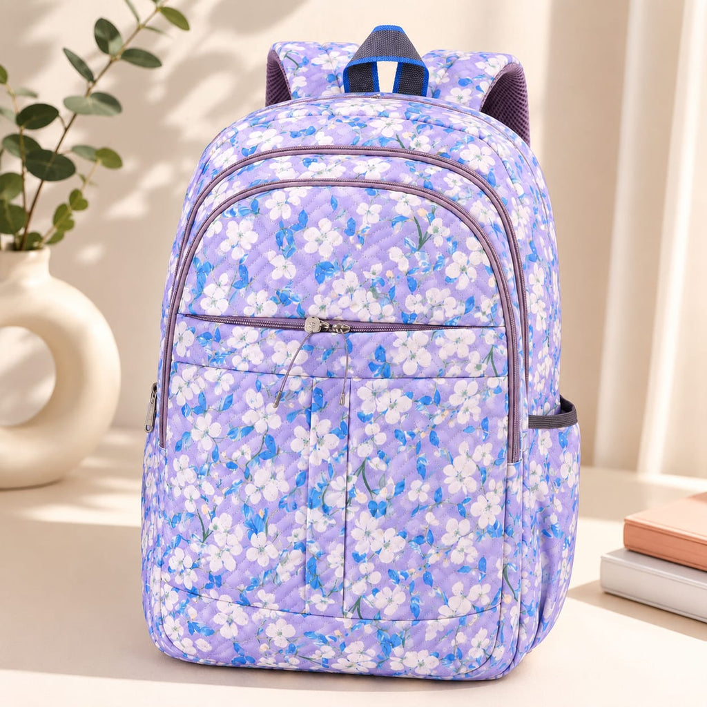 Floral Printed School Backpack for Girls & Women | Lightweight Water Resistant Polyester | Multi-Compartment Travel, College & Casual Backpack | Purple