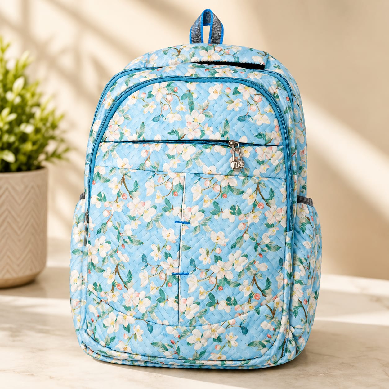 Floral Printed Quilted Backpack for Women & Girls | Lightweight School, College & Travel Backpack | Multiple Compartments | Sky Blue