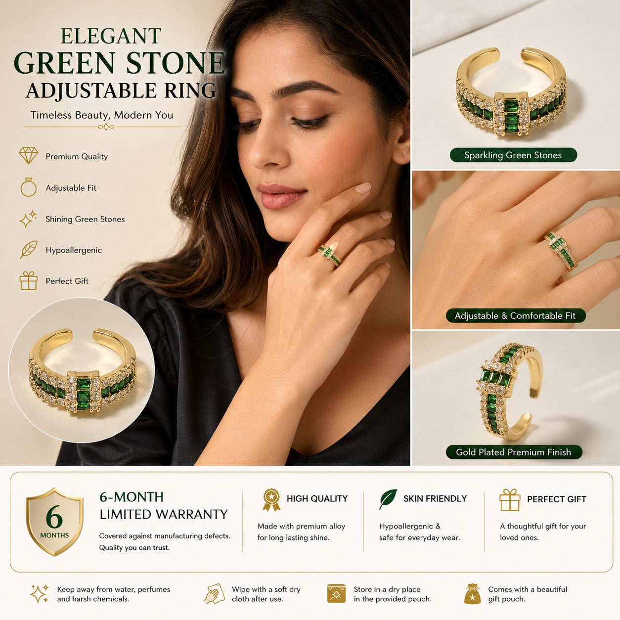 Gold Plated Adjustable Open Ring for Women | Green Baguette Cubic Zirconia | Elegant Fashion Ring | Party, Wedding & Daily Wear | 6-Month Warranty