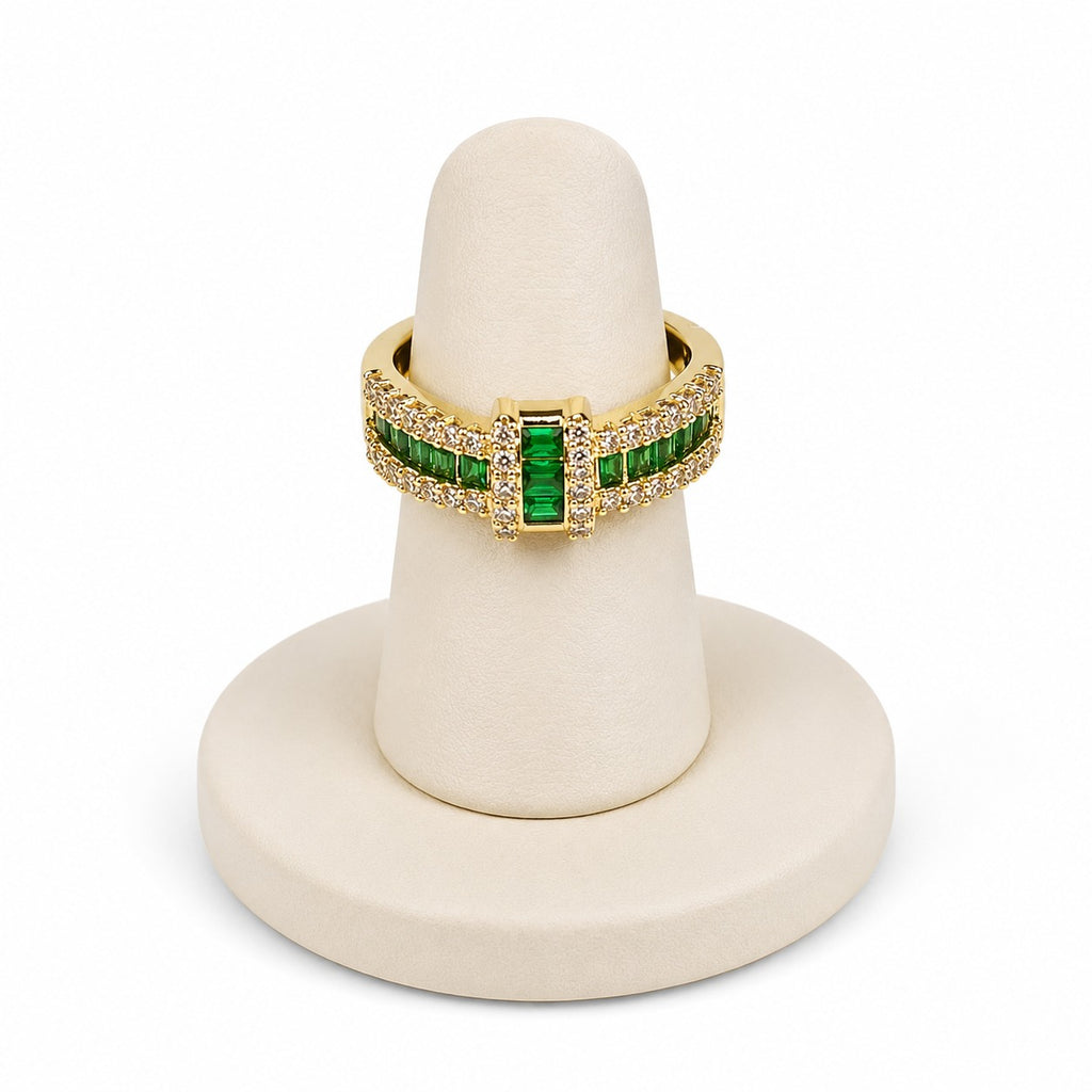 Gold Plated Adjustable Open Ring for Women | Green Baguette Cubic Zirconia | Elegant Fashion Ring | Party, Wedding & Daily Wear | 6-Month Warranty