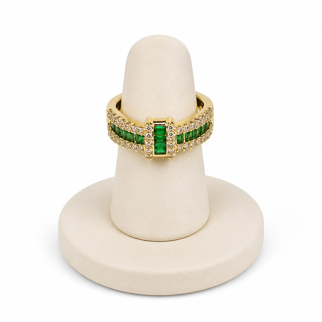 Gold Plated Adjustable Open Ring for Women | Green Baguette Cubic Zirconia | Elegant Fashion Ring | Party, Wedding & Daily Wear | 6-Month Warranty