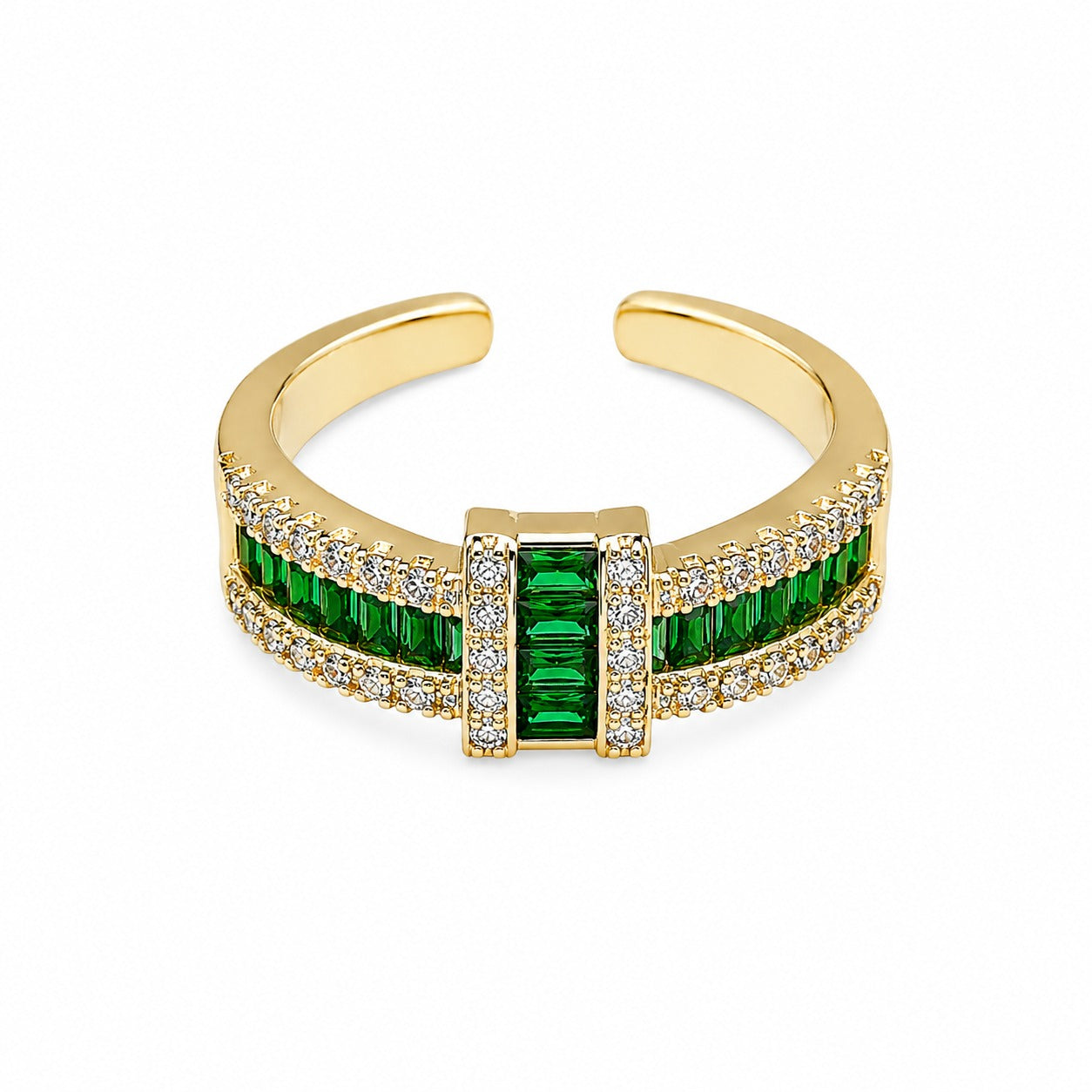 Gold Plated Adjustable Open Ring for Women | Green Baguette Cubic Zirconia | Elegant Fashion Ring | Party, Wedding & Daily Wear | 6-Month Warranty