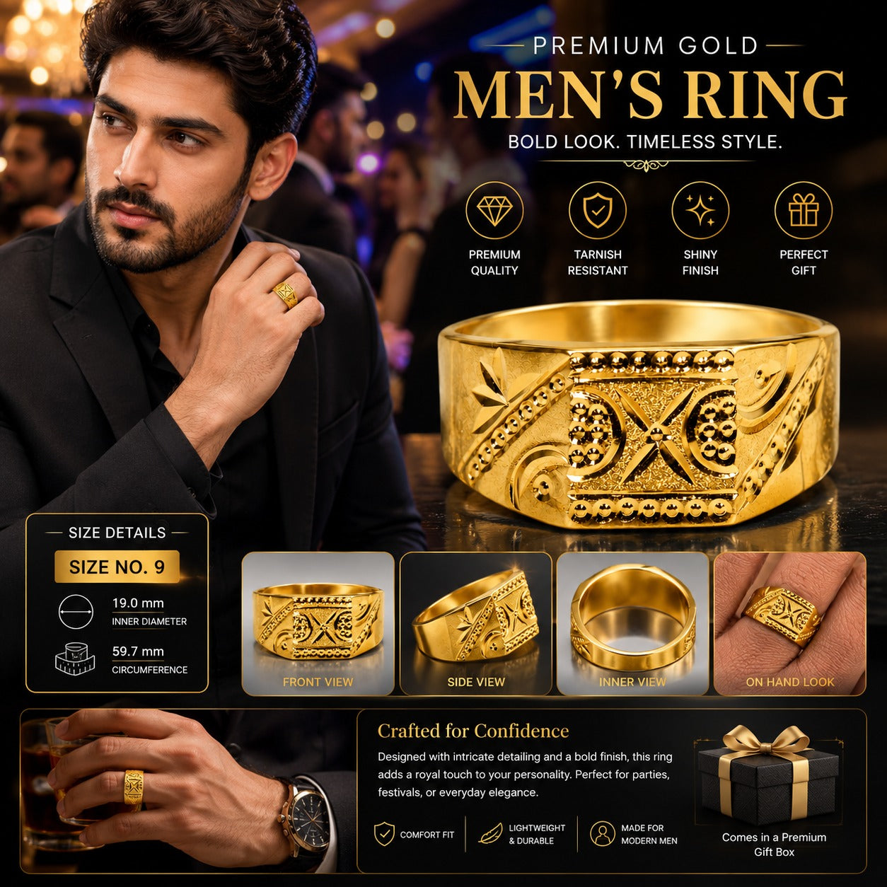 Premium Gold Men's Ring – Bold Style for Every Occasion