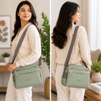 Women's Crossbody Sling Bag | Premium Embossed PU Leather Shoulder Bag | Multi-Zip Compartments | Adjustable Strap | Lightweight Everyday Purse | Sage Green
