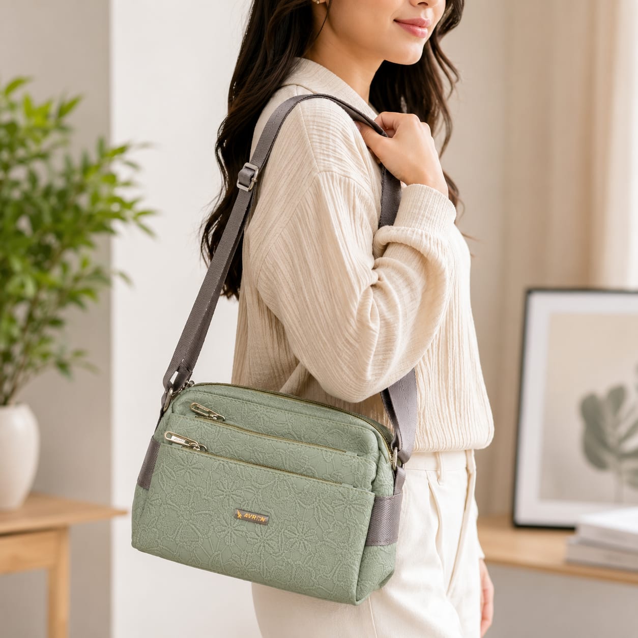 Women's Crossbody Sling Bag | Premium Embossed PU Leather Shoulder Bag | Multi-Zip Compartments | Adjustable Strap | Lightweight Everyday Purse | Sage Green