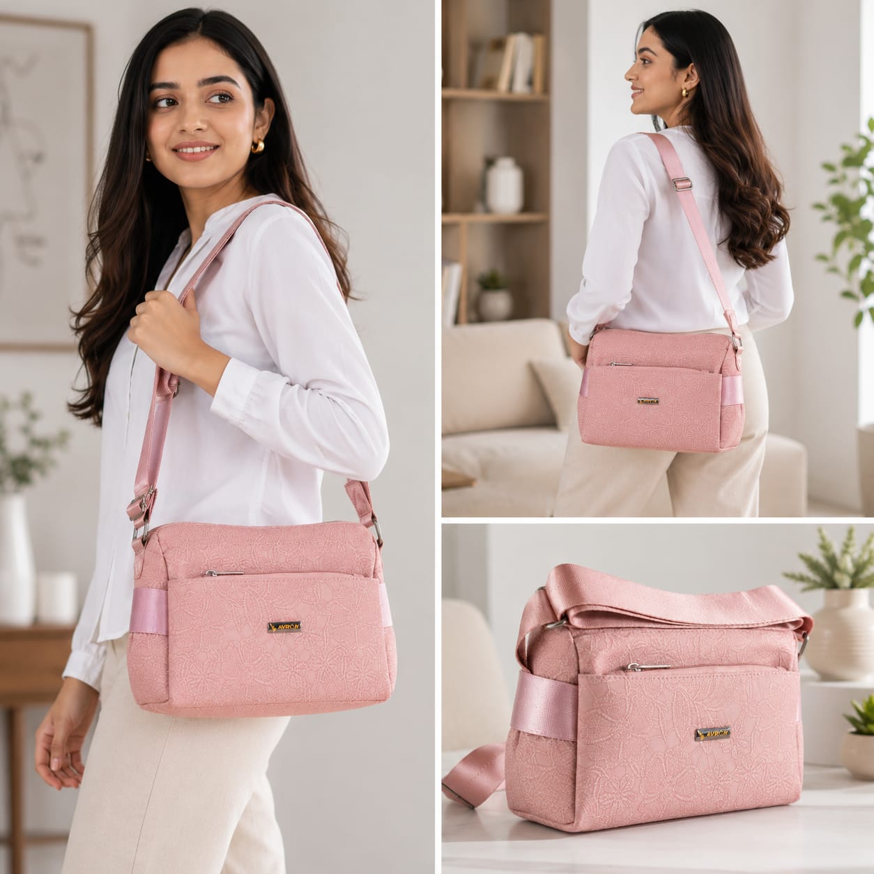Women's Crossbody Sling Bag | Premium Textured PU Leather Shoulder Bag | Adjustable Strap | Lightweight Multi-Pocket Travel & Daily Use Handbag | Pink Bullet Points