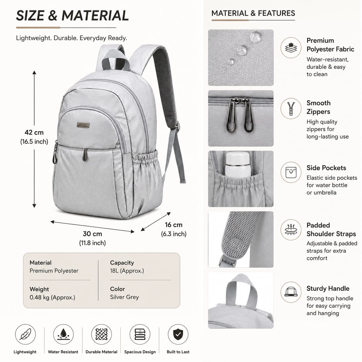 ANS BILLION Lightweight Casual Backpack for Men & Women | Water-Resistant Polyester | Spacious Multi-Compartment Travel, College & Office Laptop Backpack | Grey