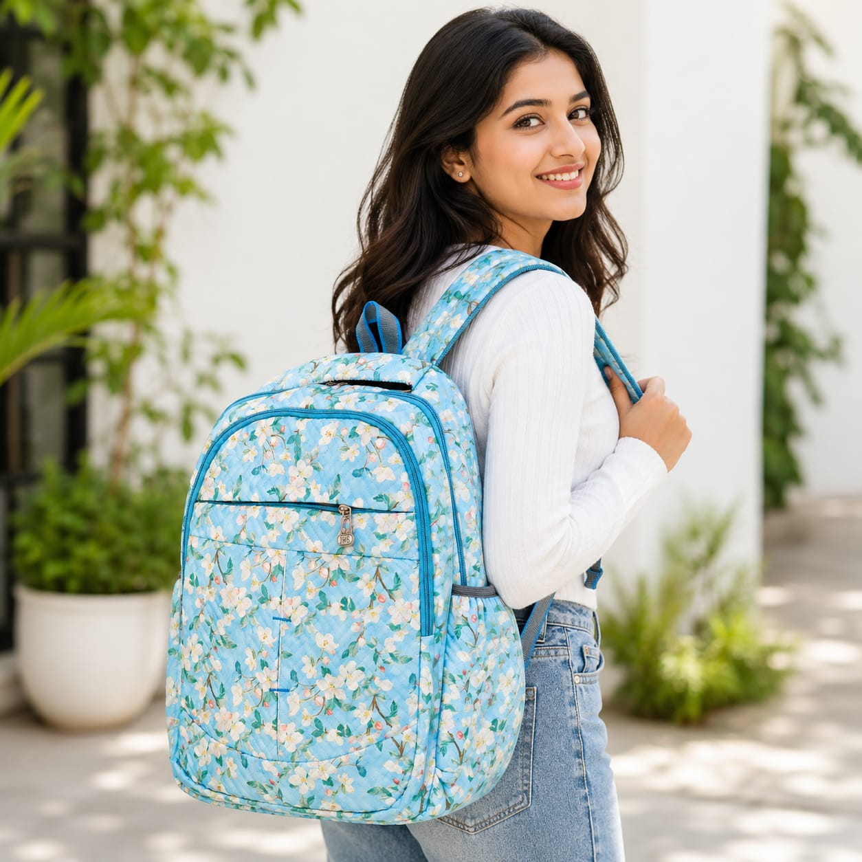 Floral Printed Quilted Backpack for Women & Girls | Lightweight School, College & Travel Backpack | Multiple Compartments | Sky Blue