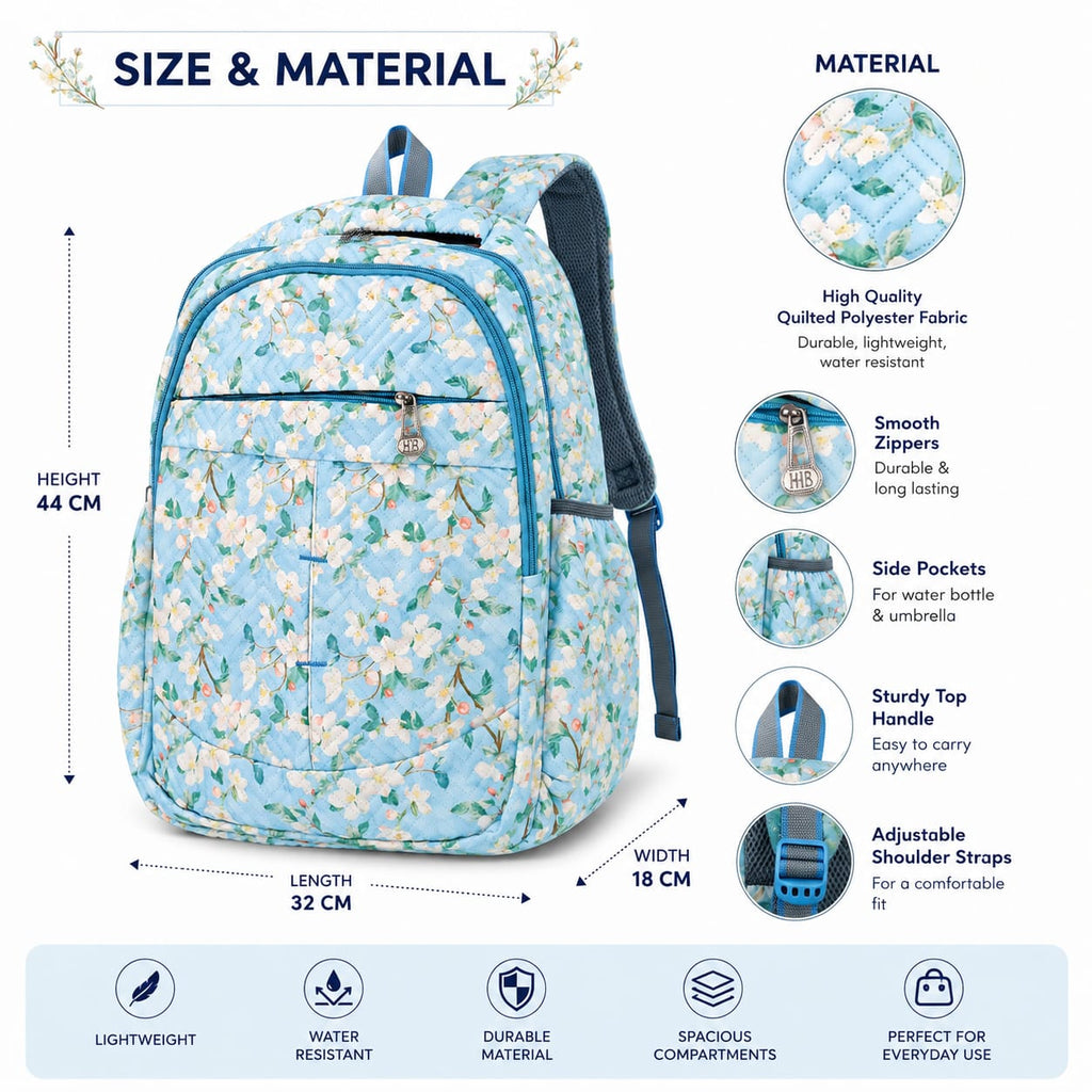 Floral Printed Quilted Backpack for Women & Girls | Lightweight School, College & Travel Backpack | Multiple Compartments | Sky Blue