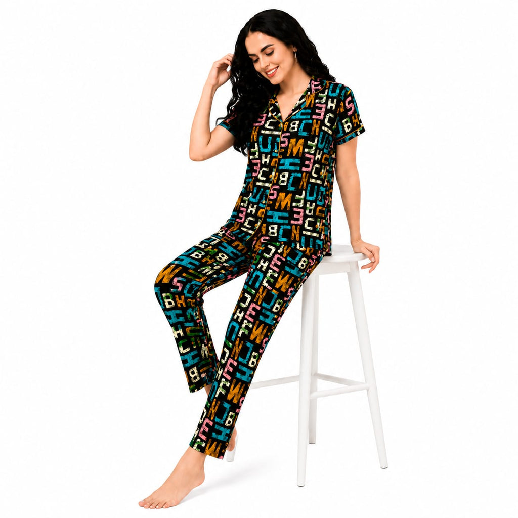 Women's Cotton Printed Night Suit Set | Front Open Button-Down Shirt & Full Length Pajama | Half Sleeve Soft Breathable Sleepwear & Loungewear for Women (Black Multicolor Letter Print)