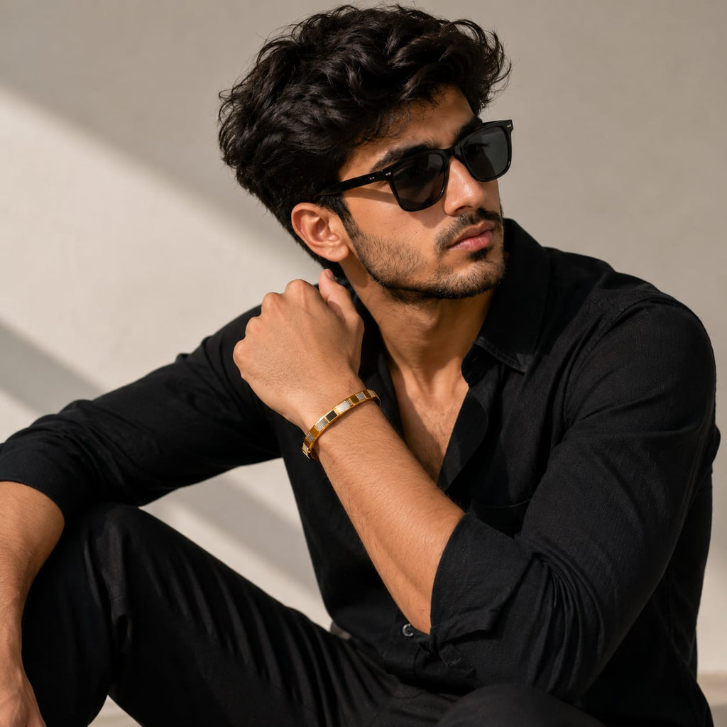 Men's Gold Plated Stainless Steel Kada Bracelet | Premium Striped Design | Stylish Daily Wear Bangle | Size 2.10 to 2.12