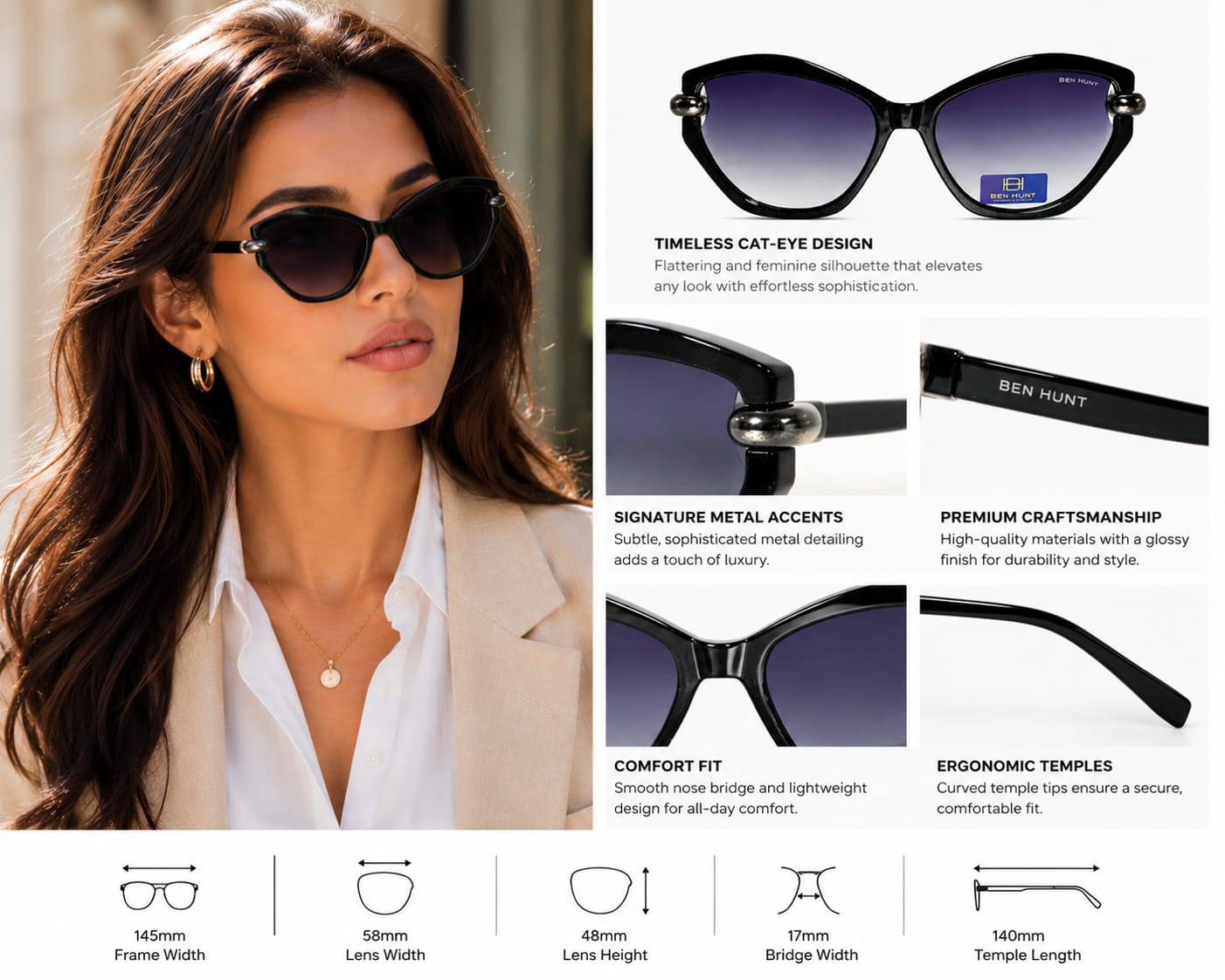 Style with the BEN HUNT Women's Cat Eye Sunglasses. - ANS Billons