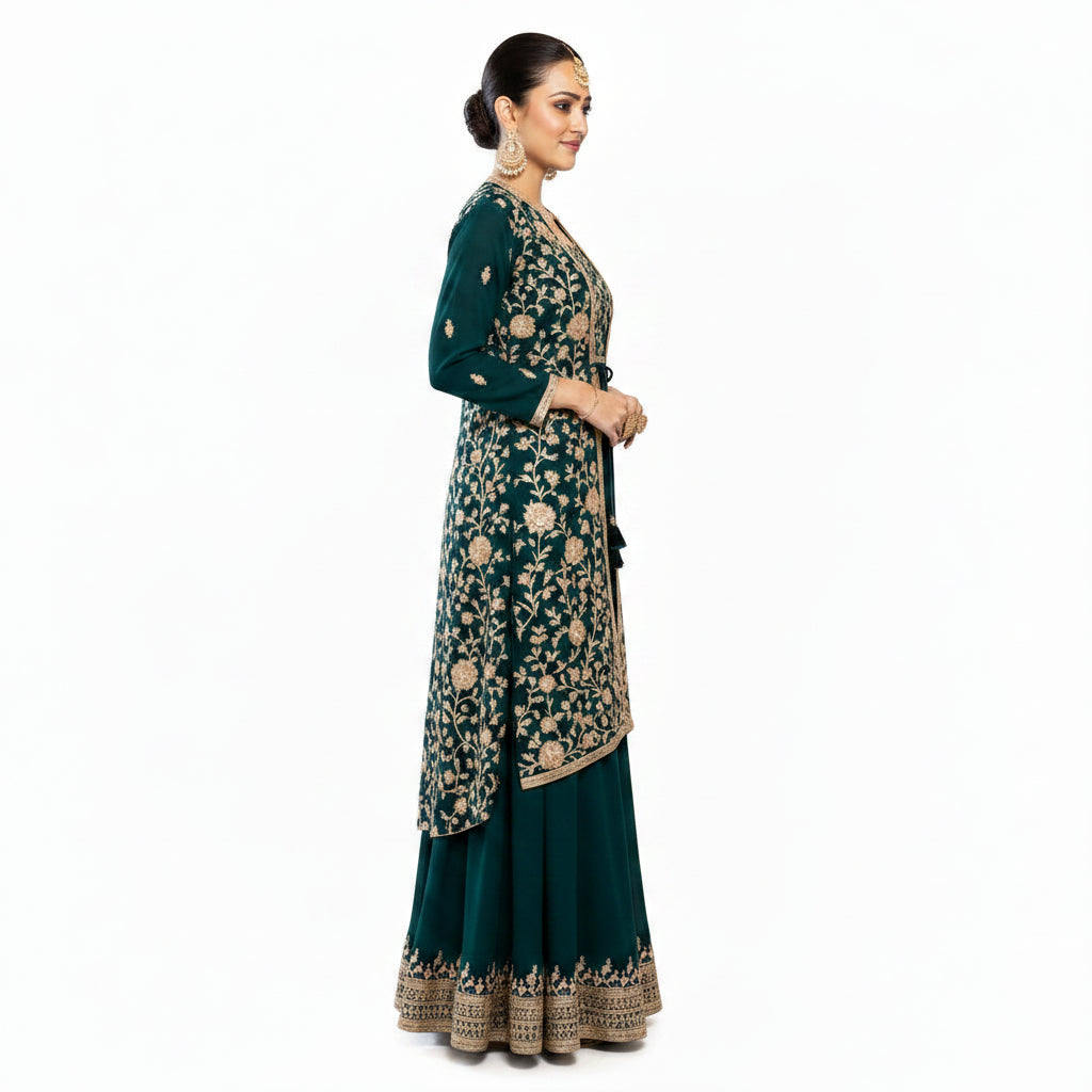 Women's Embroidered 3-Piece Ethnic Co-Ord Set with Jacket, Crop Top &amp; Palazzo - ANS Billons